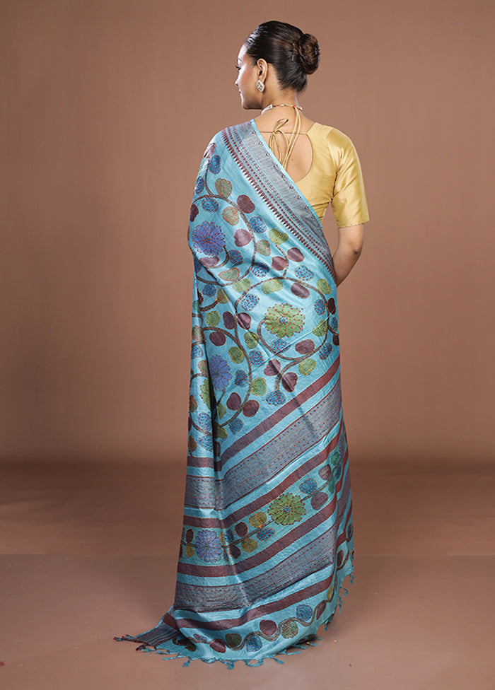 Blue Handloom Tussar Pure Silk Saree With Blouse Piece