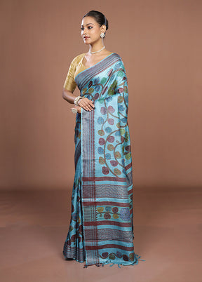 Blue Handloom Tussar Pure Silk Saree With Blouse Piece
