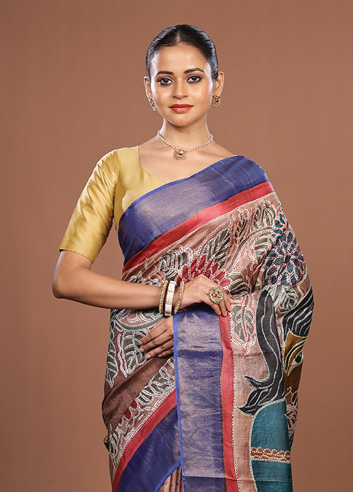 Multicolor Handloom Tussar Pure Silk Saree With Blouse Piece