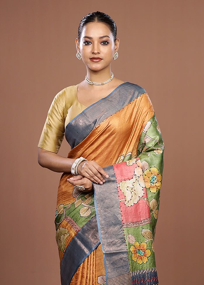 Multicolor Handloom Tussar Pure Silk Saree With Blouse Piece