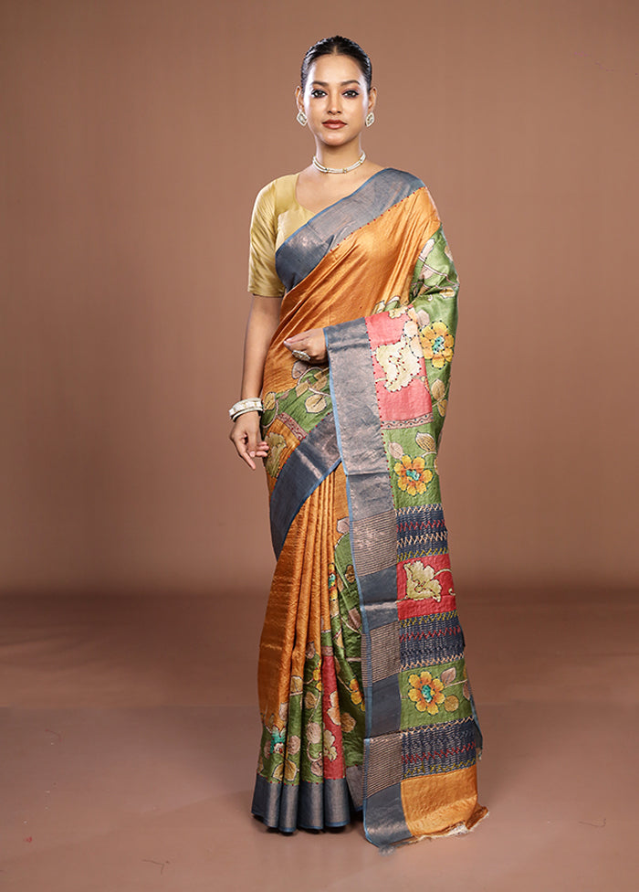 Multicolor Handloom Tussar Pure Silk Saree With Blouse Piece