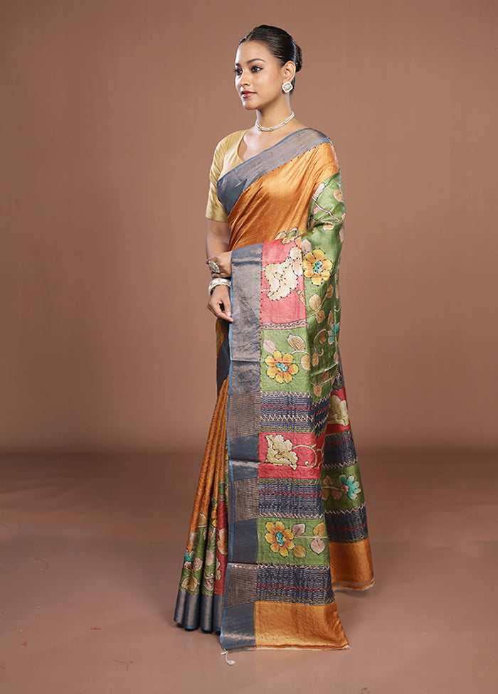 Multicolor Handloom Tussar Pure Silk Saree With Blouse Piece