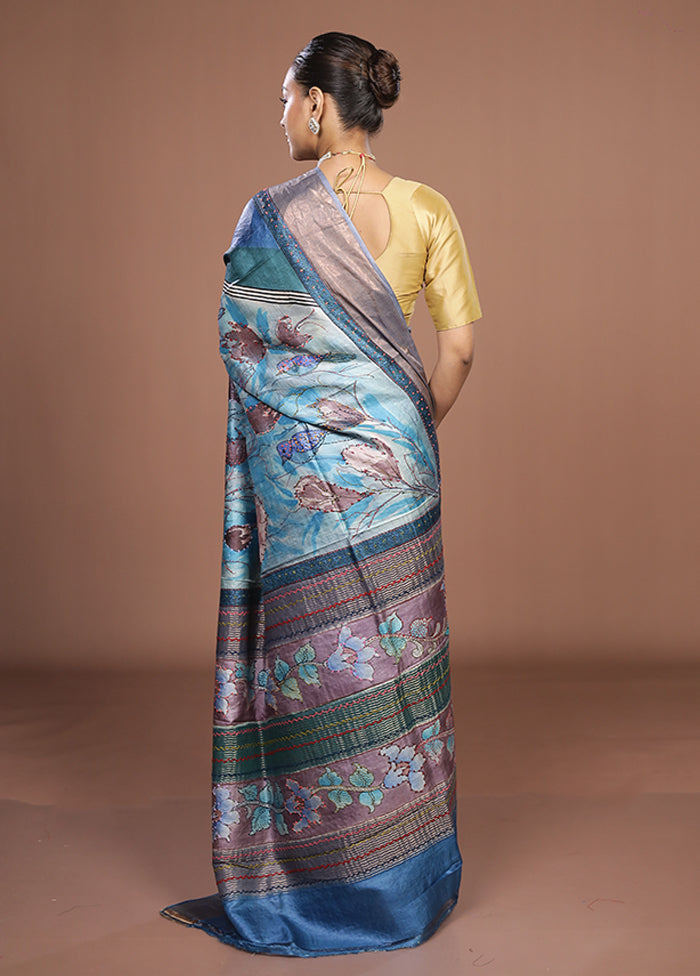 Multicolor Handloom Tussar Pure Silk Saree With Blouse Piece