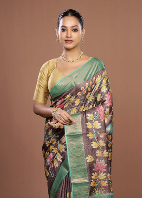 Brown Handloom Tussar Pure Silk Saree With Blouse Piece