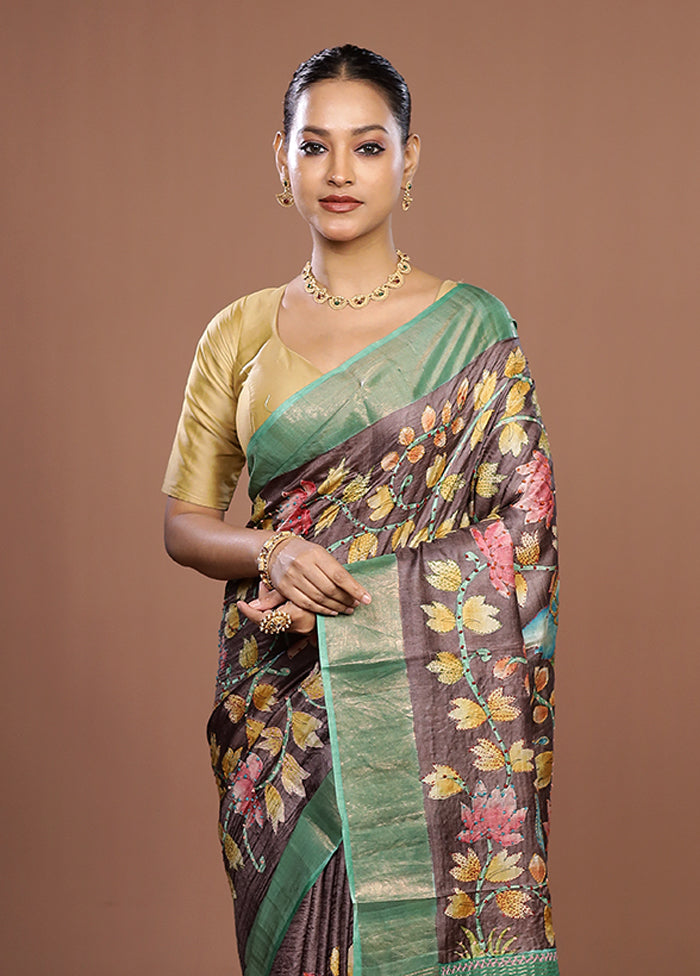 Brown Handloom Tussar Pure Silk Saree With Blouse Piece