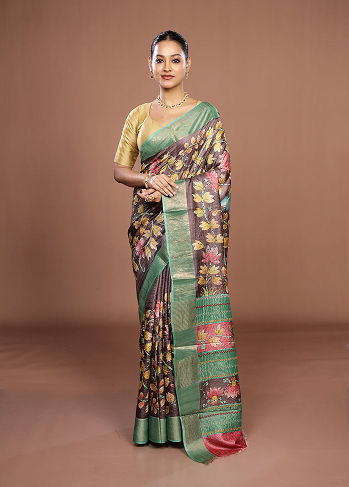 Brown Handloom Tussar Pure Silk Saree With Blouse Piece