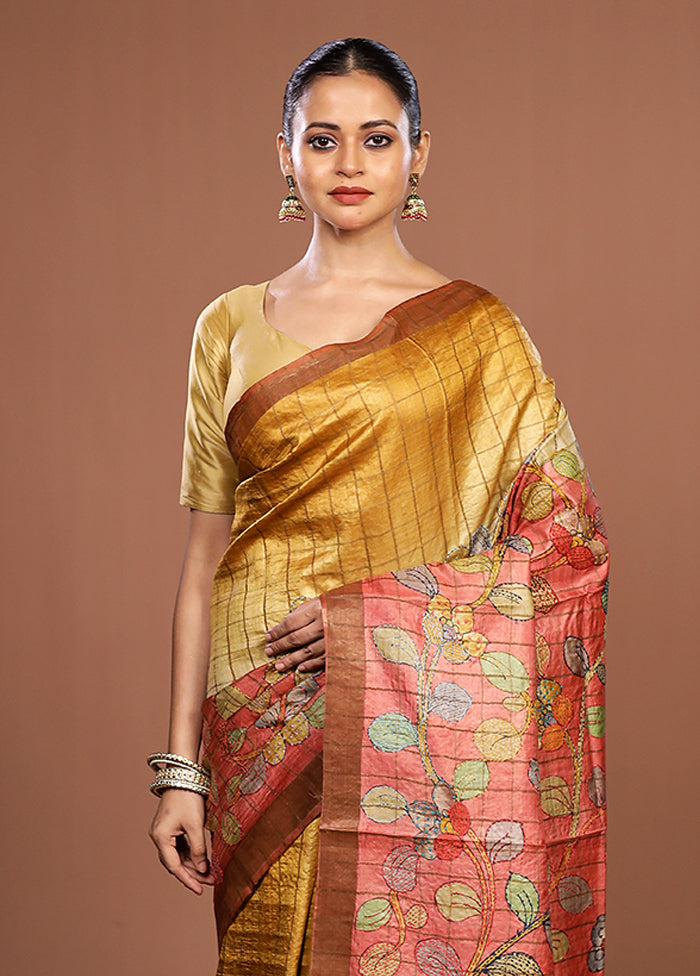 Pink Handloom Tussar Pure Silk Saree With Blouse Piece