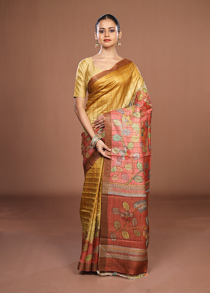 Pink Handloom Tussar Pure Silk Saree With Blouse Piece