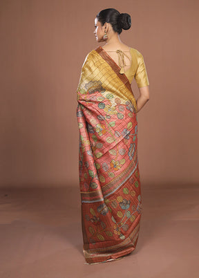 Pink Handloom Tussar Pure Silk Saree With Blouse Piece