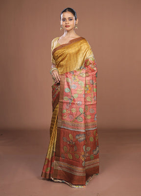Pink Handloom Tussar Pure Silk Saree With Blouse Piece