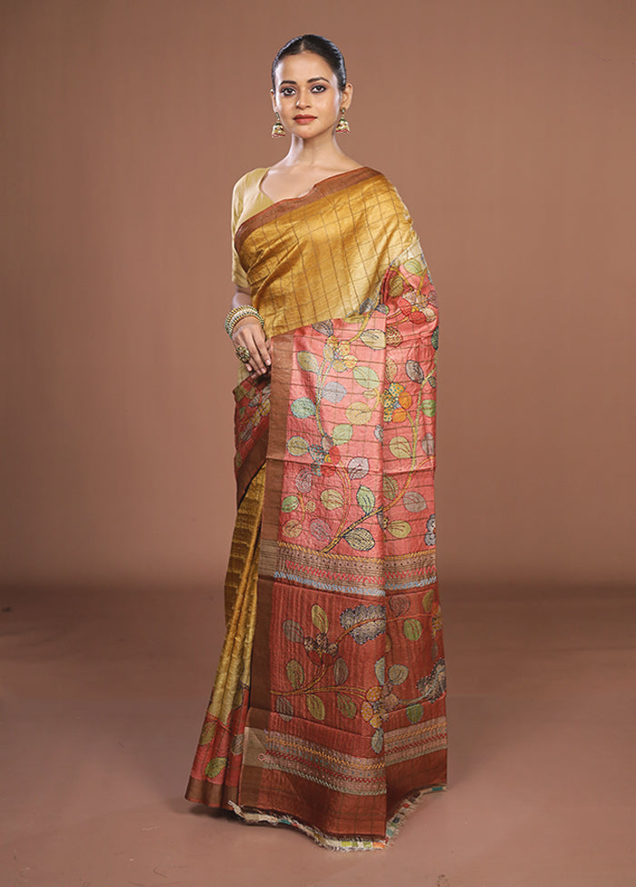 Pink Handloom Tussar Pure Silk Saree With Blouse Piece
