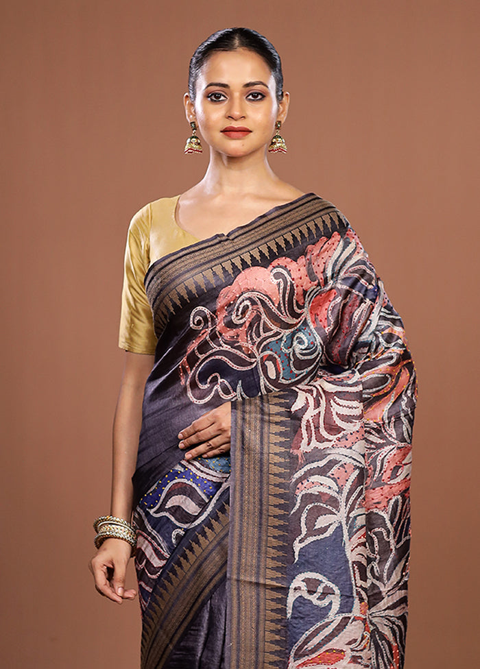 Multicolor Handloom Tussar Pure Silk Saree With Blouse Piece