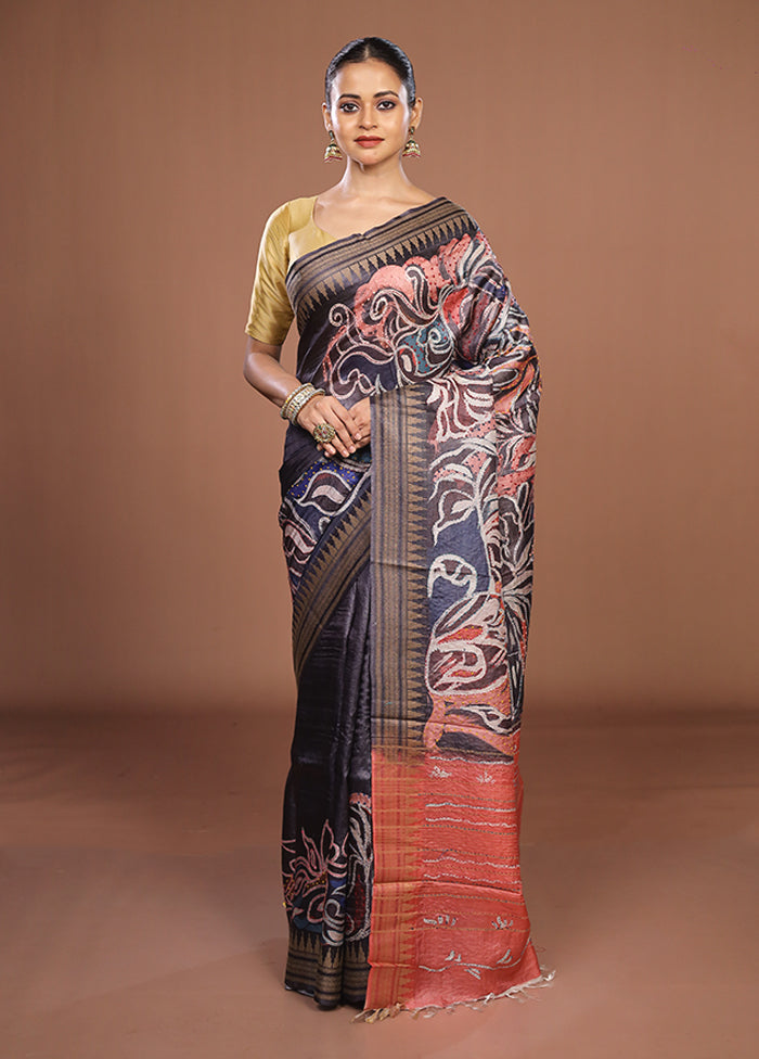 Multicolor Handloom Tussar Pure Silk Saree With Blouse Piece