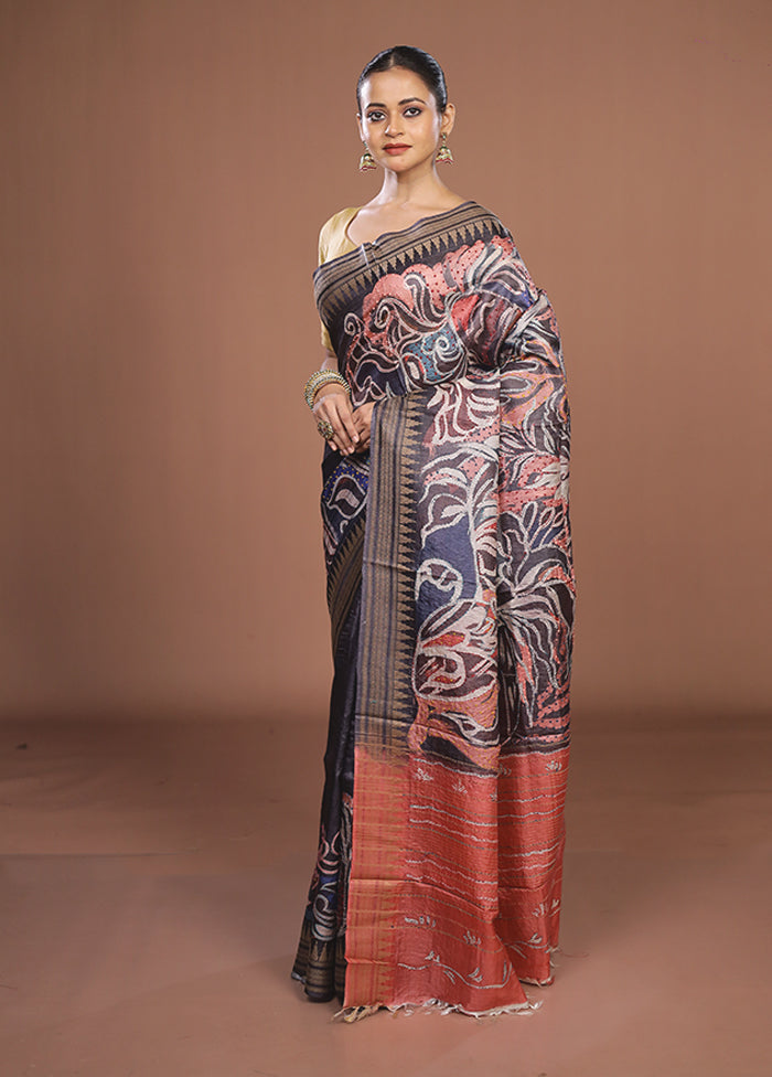 Multicolor Handloom Tussar Pure Silk Saree With Blouse Piece