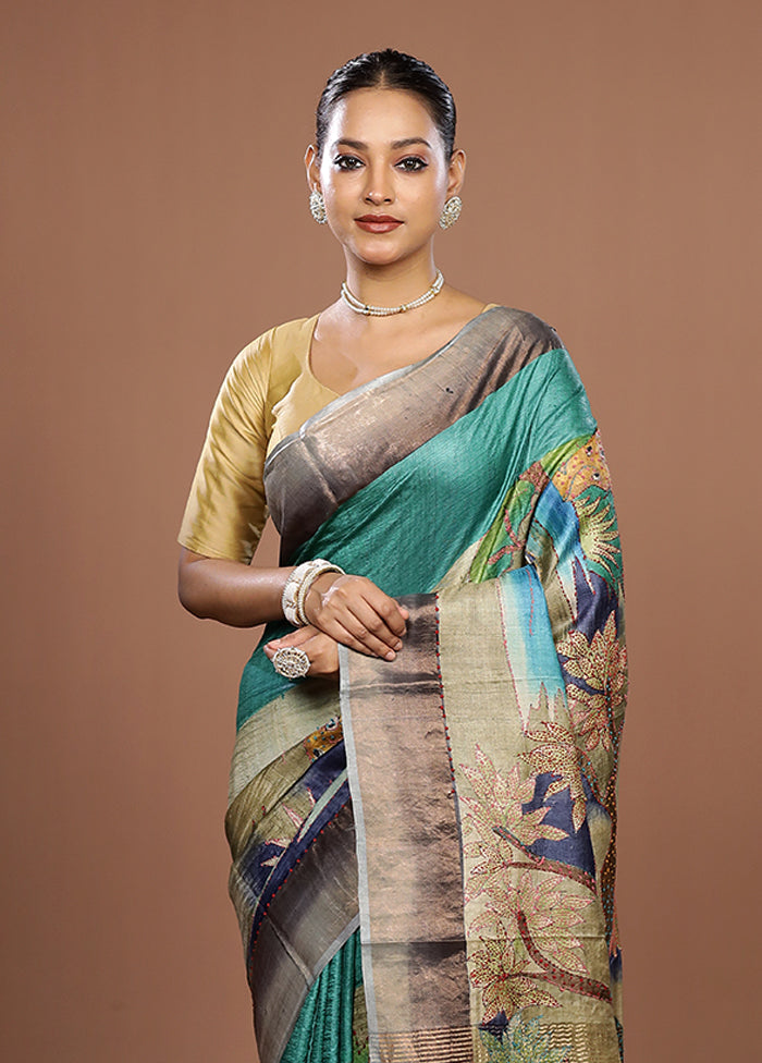 Multicolor Handloom Tussar Pure Silk Saree With Blouse Piece