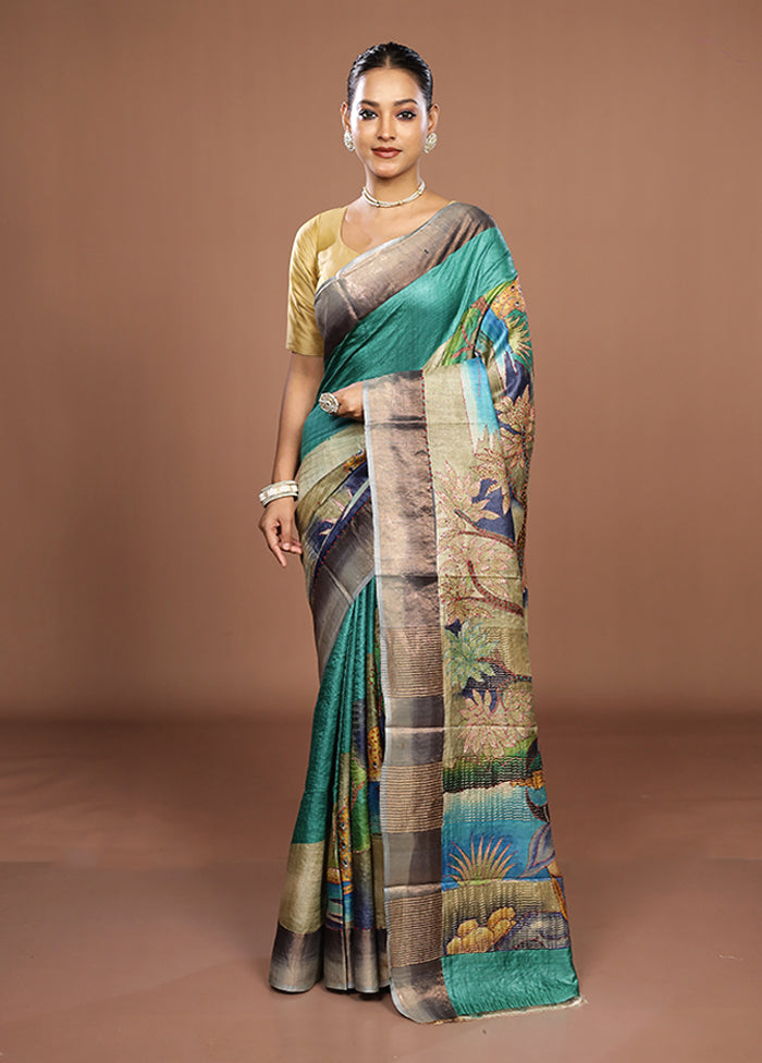 Multicolor Handloom Tussar Pure Silk Saree With Blouse Piece