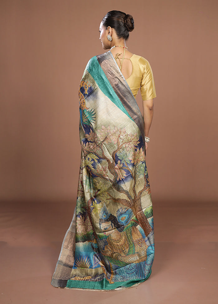 Multicolor Handloom Tussar Pure Silk Saree With Blouse Piece