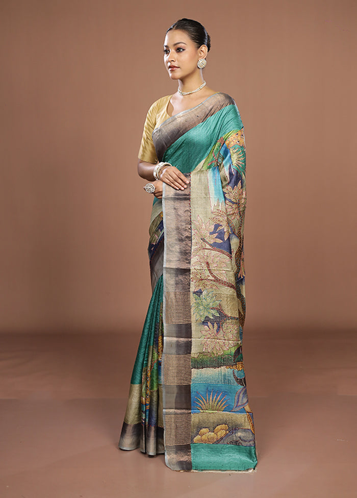 Multicolor Handloom Tussar Pure Silk Saree With Blouse Piece