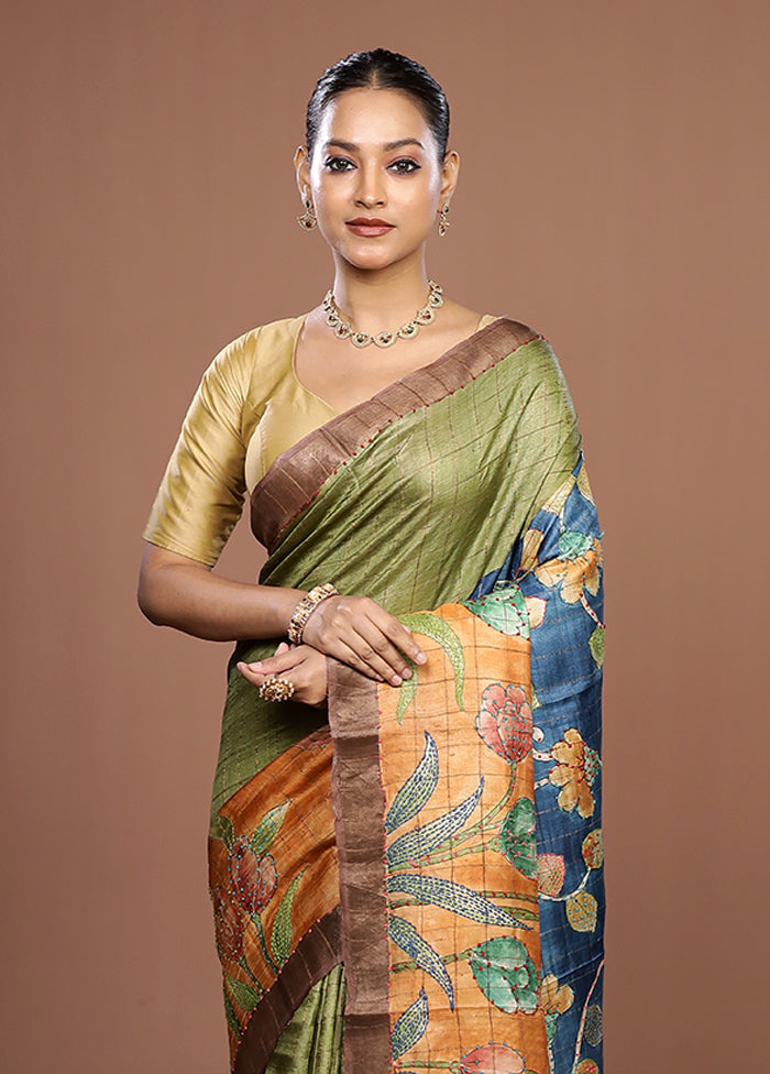 Multicolor Handloom Tussar Pure Silk Saree With Blouse Piece