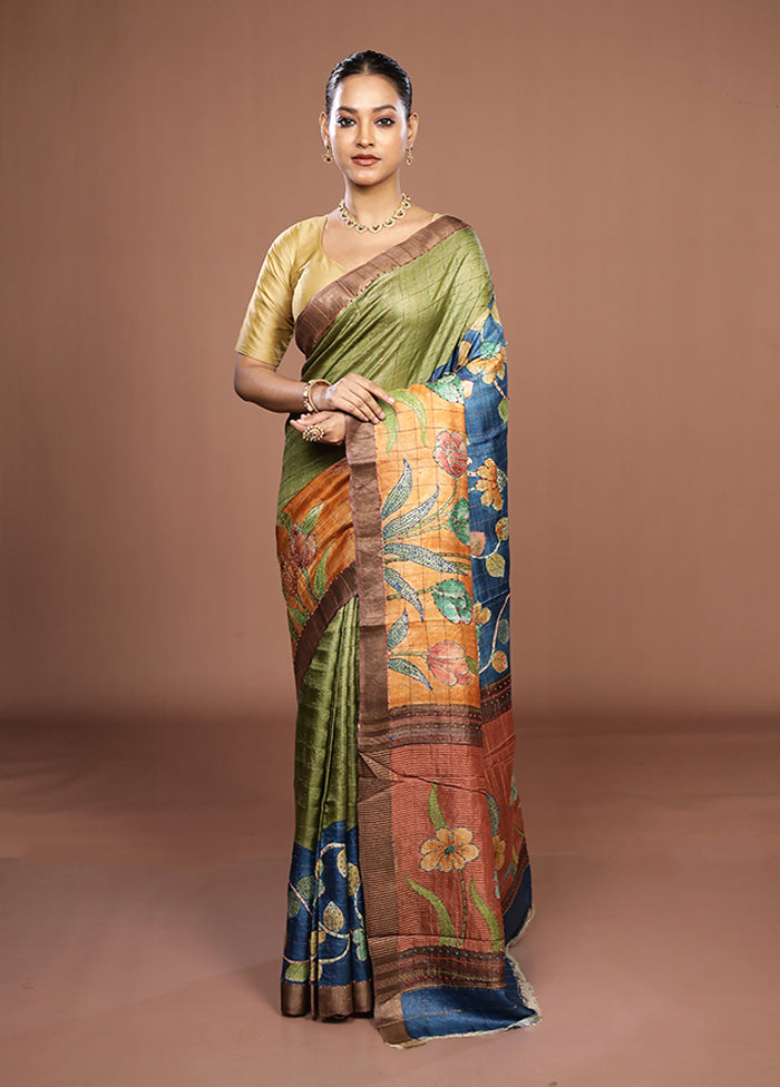 Multicolor Handloom Tussar Pure Silk Saree With Blouse Piece