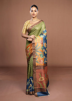 Multicolor Handloom Tussar Pure Silk Saree With Blouse Piece