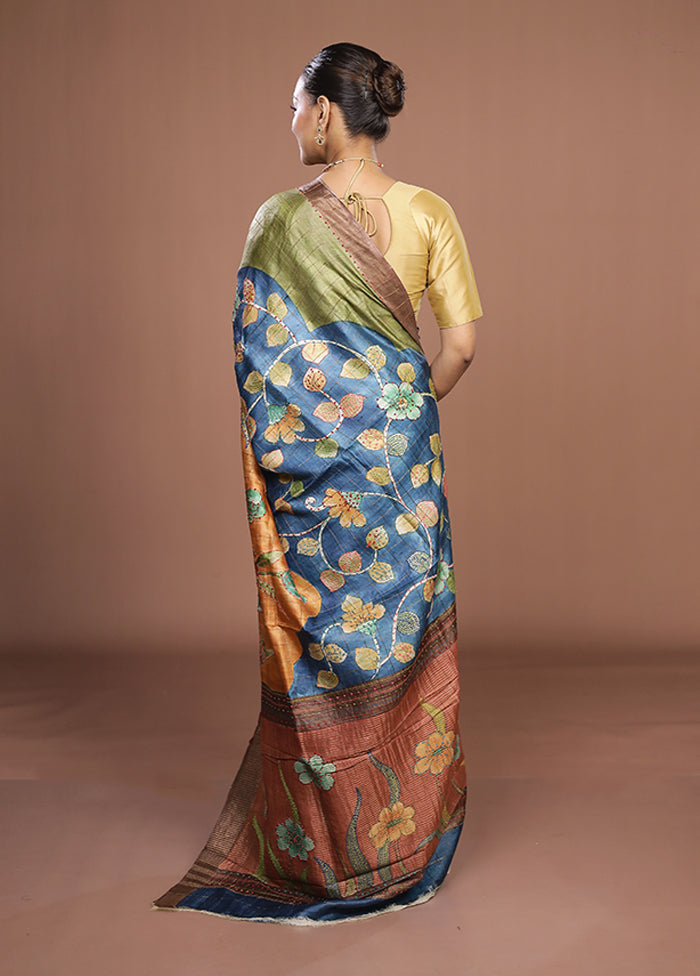 Multicolor Handloom Tussar Pure Silk Saree With Blouse Piece