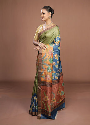 Multicolor Handloom Tussar Pure Silk Saree With Blouse Piece