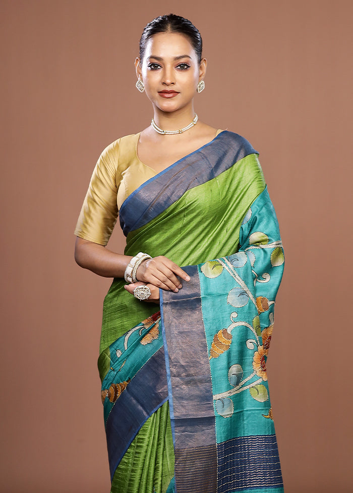 Green Handloom Tussar Pure Silk Saree With Blouse Piece