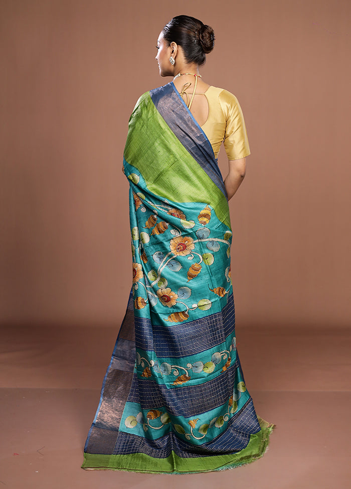 Green Handloom Tussar Pure Silk Saree With Blouse Piece