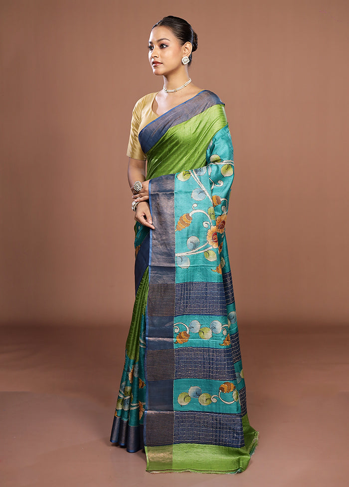 Green Handloom Tussar Pure Silk Saree With Blouse Piece