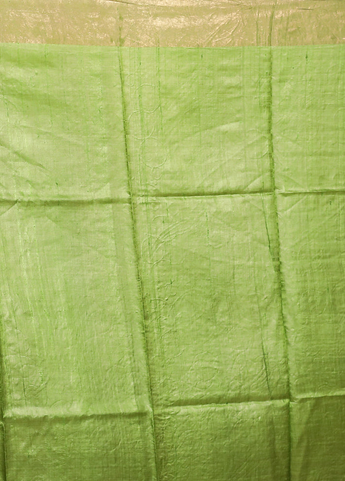Green Handloom Tussar Pure Silk Saree With Blouse Piece