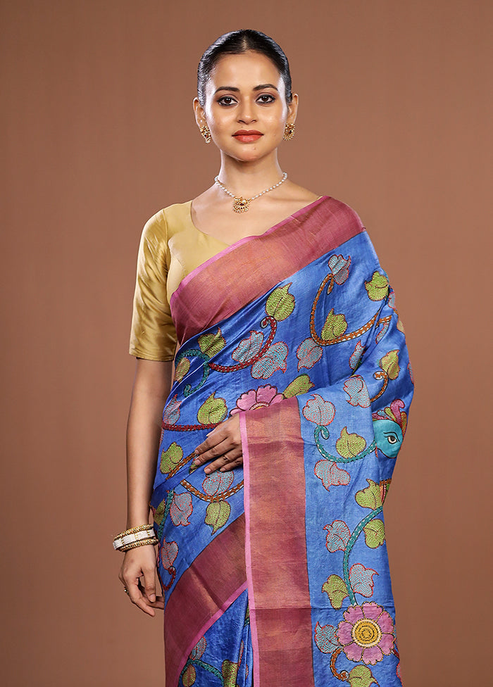 Blue Handloom Tussar Pure Silk Saree With Blouse Piece