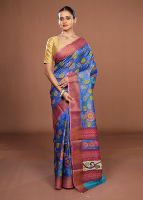 Blue Handloom Tussar Pure Silk Saree With Blouse Piece