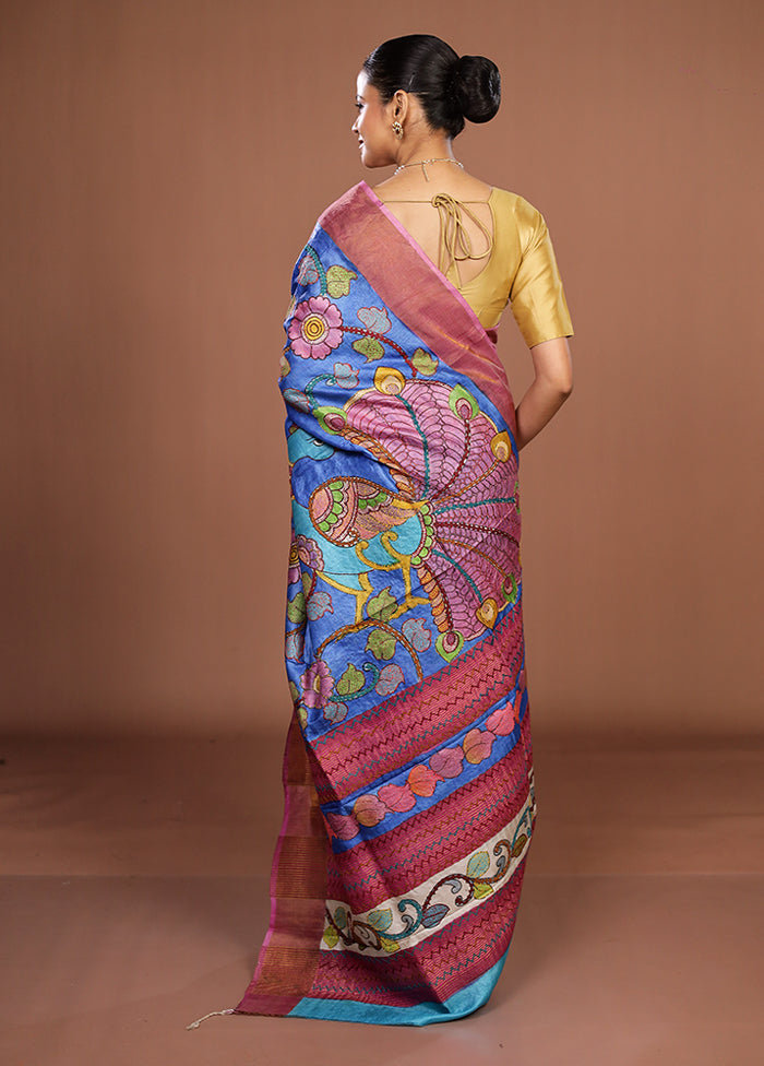 Blue Handloom Tussar Pure Silk Saree With Blouse Piece