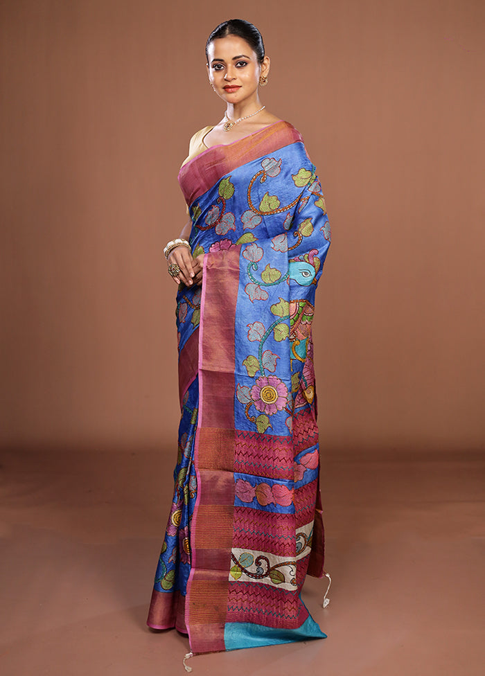 Blue Handloom Tussar Pure Silk Saree With Blouse Piece
