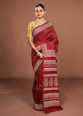 Maroon Handloom Tussar Pure Silk Saree With Blouse Piece