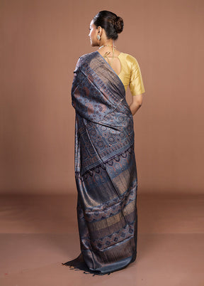 Grey Handloom Tussar Pure Silk Saree With Blouse Piece