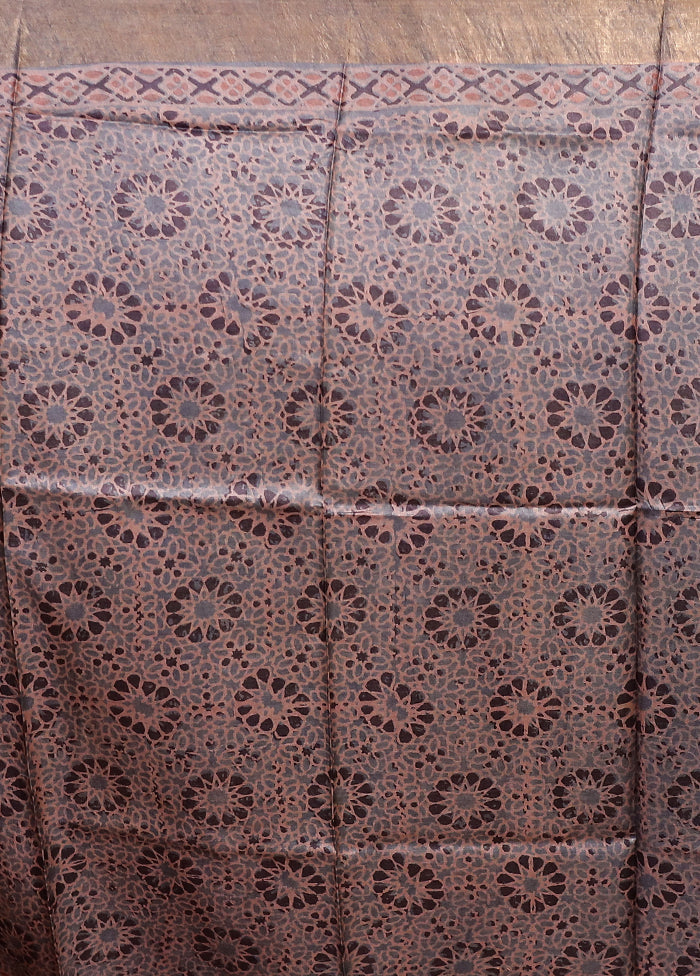 Grey Handloom Tussar Pure Silk Saree With Blouse Piece