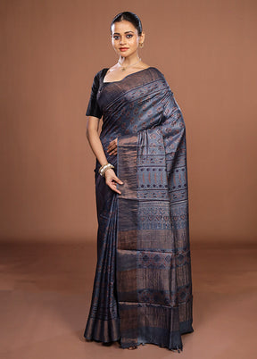 Grey Handloom Tussar Pure Silk Saree With Blouse Piece