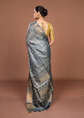 Grey Handloom Tussar Pure Silk Saree With Blouse Piece