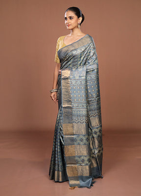 Grey Handloom Tussar Pure Silk Saree With Blouse Piece
