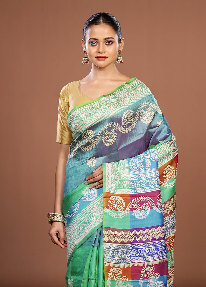 Blue Printed Pure Silk Saree Without Blouse Piece