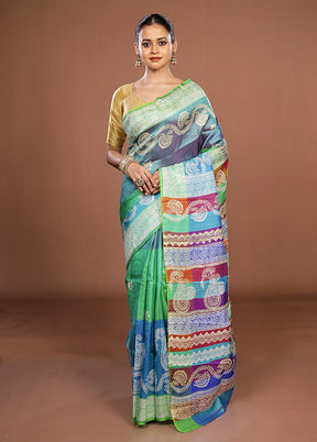 Blue Printed Pure Silk Saree Without Blouse Piece