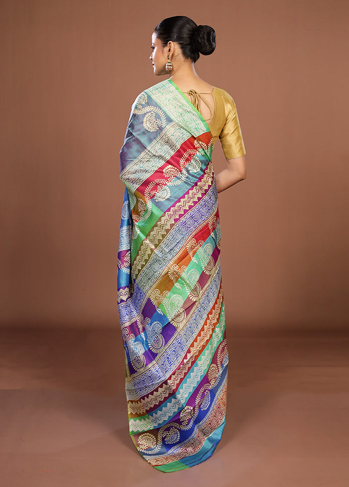 Blue Printed Pure Silk Saree Without Blouse Piece