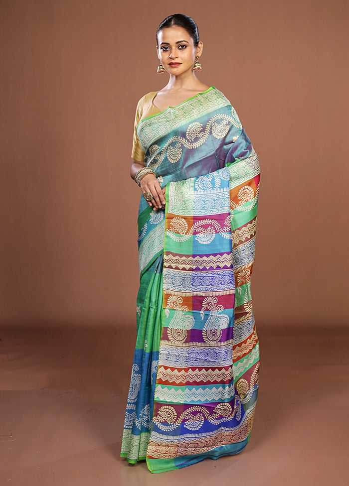 Blue Printed Pure Silk Saree Without Blouse Piece