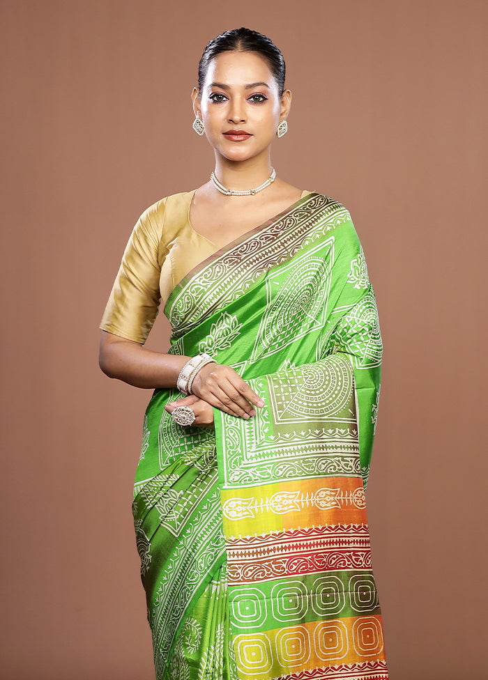 Green Printed Pure Silk Saree Without Blouse Piece