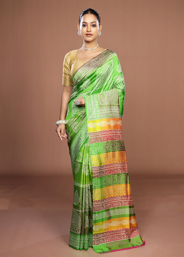 Green Printed Pure Silk Saree Without Blouse Piece