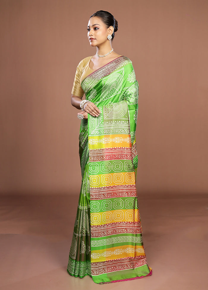 Green Printed Pure Silk Saree Without Blouse Piece