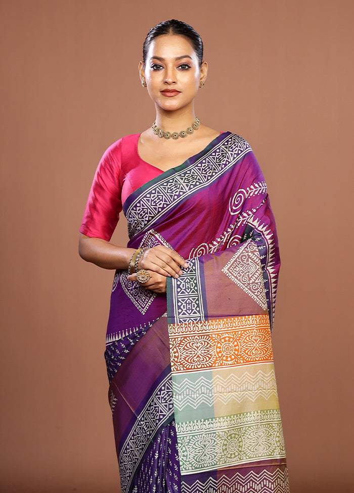 Purple Printed Pure Silk Saree Without Blouse Piece