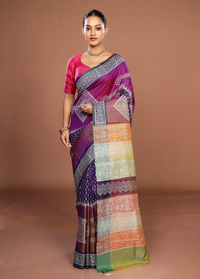 Purple Printed Pure Silk Saree Without Blouse Piece